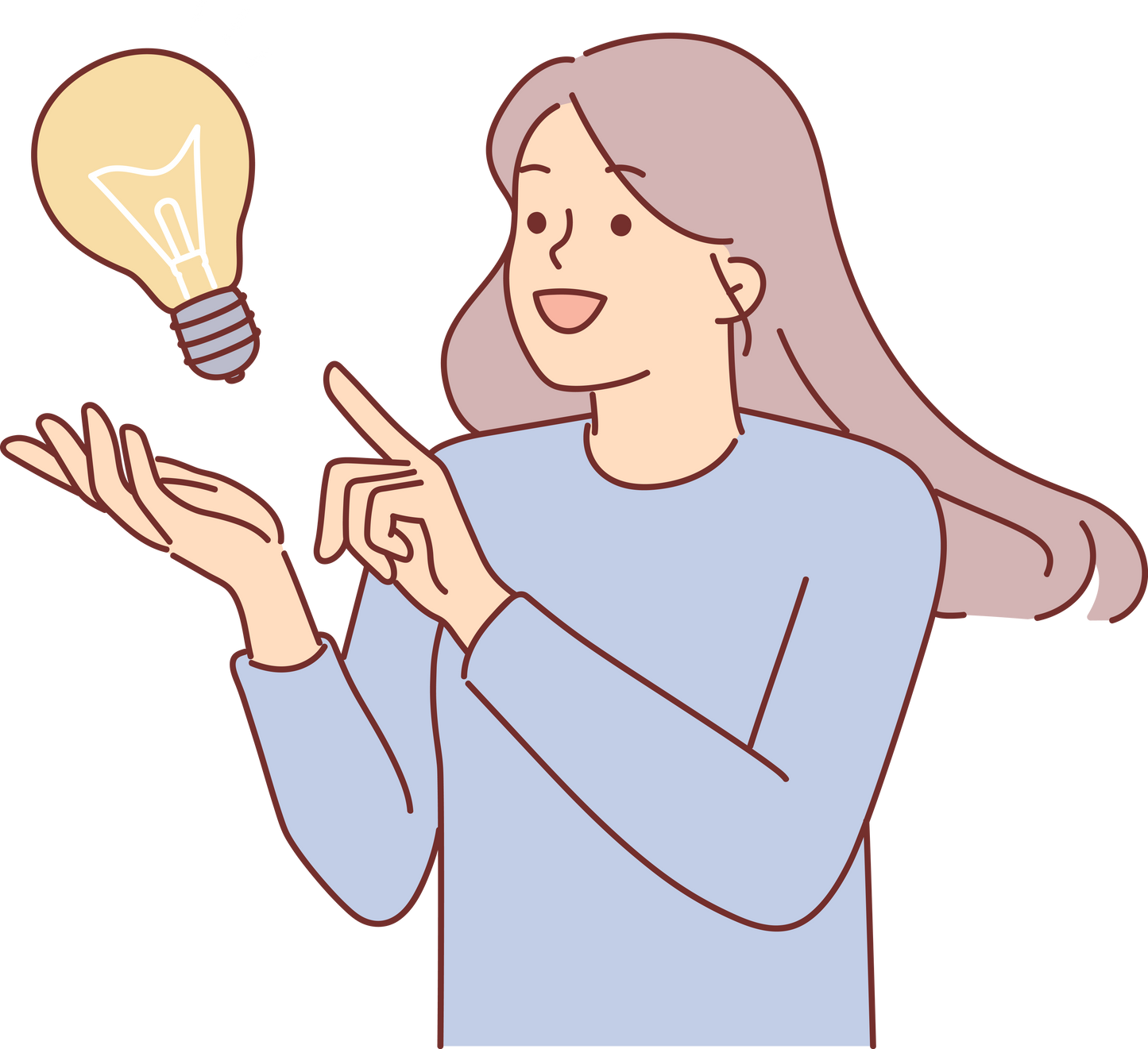 Inspired woman comes up with idea to save energy resources and provide bright lighting, stands near giant lamp. Girl says eureka after learning about new promising idea for self-development